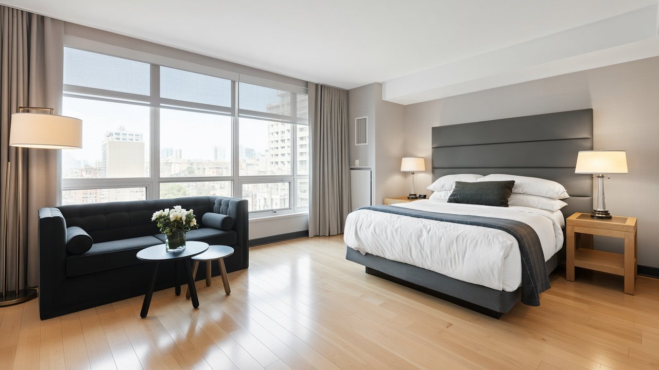 Spacious hotel suite showing bed, couch, and open living space